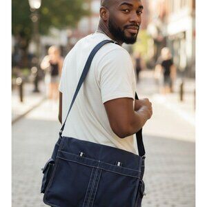 Fossil Black Canvas Shoulder Messenger Bag With Multiple Pockets Adj Strap
